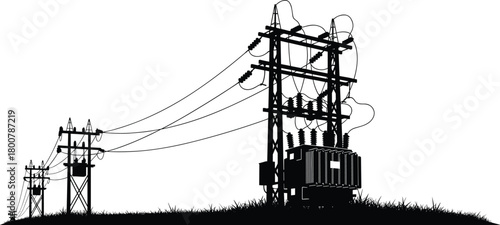 Electrical transformer with utility poles silhouettes, vector illustration of power distribution infrastructure, insulators and crossarms, outdoor energy grid system, electricity supply network design