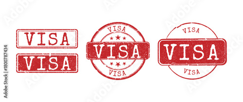 Set of red grunge rubber stamps with the official travel document word VISA