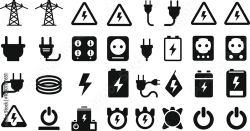 Electricity icons collection with towers, plugs, sockets, batteries, lightning warning signs, coiled cables, power buttons, black and white vector energy symbols artwork
