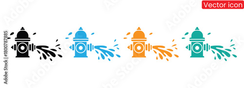 Vibrant fire hydrant icons with water flow, safety concept,Fire hydrant, in vector design. Fire hydrant, water supply, emergency, safety, firefighting, public utility,