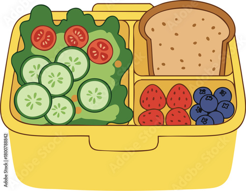 Flat lay of a yellow lunchbox containing a sandwich, salad with cucumbers and tomatoes, strawberries, and blueberries on a clean white background.