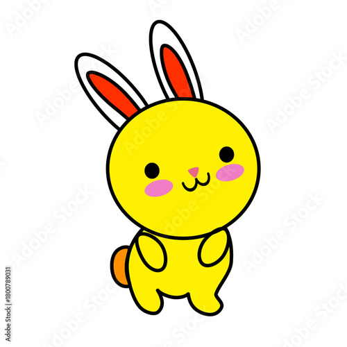 Cute yellow cartoon rabbit with pink cheeks and orange ears