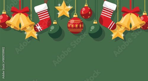 Festive Christmas Ornaments and Decorations Hanging on Green Background.