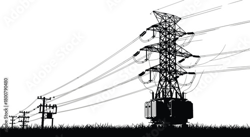 High voltage transmission tower with transformer, utility poles carrying electrical lines vector illustration, black and white silhouette artwork, energy distribution infrastructure design