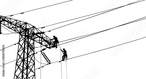 High voltage transmission tower workers, electrical maintenance safety harness, power line repair