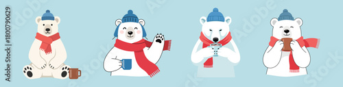 Collection of cute cartoon polar bears with red scarves and blue hats holding hot drinks