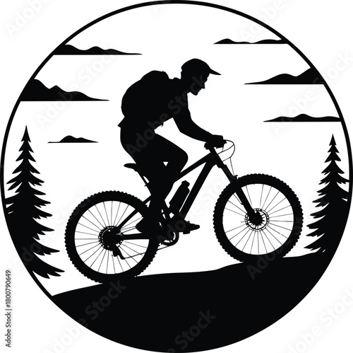 Man riding a mountain bike through wild nature silhouette