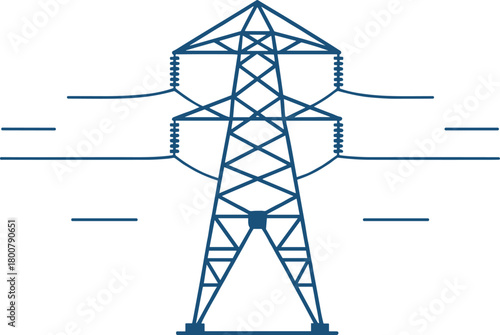 High voltage transmission tower silhouette with power lines, electricity distribution vector illustration, industrial energy infrastructure artwork, engineering design of utility grid system