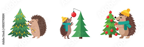 Christmas Hedgehogs Decorating a Tree with Lights, Ornaments, and Festive Cheer