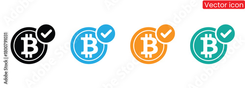 Bitcoin icons with check mark for approved crypto transactions,Crypto currency, bitcoin, bit coin logo. Bitcoin symbol. Flat design vector bitcoin icons, signs of modern crypto currency isolated