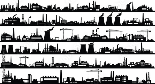 Industrial buildings silhouette, factories with smokestacks and cooling towers, oil rigs and cranes, heavy industry infrastructure, energy production, urban manufacturing zone, vector illustration