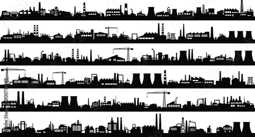 Industrial skyline silhouette vector illustration, factories smokestacks cooling towers cranes oil rigs manufacturing plants, urban infrastructure energy production system design artwork