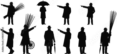 Men silhouettes in coats and hats, vector illustration of vintage figures, diverse poses with umbrellas and objects, mysterious character design elements