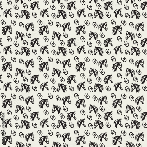 seamless pattern with black horse heads and small rough horseshoes repeated on cream background motif is high contrast rustic and conveys a sketchy folk art equestrian aesthetic vector illustration