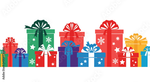 Colorful Stack of Christmas Presents with Ribbons and Bows.