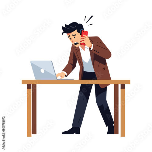 Stressed businessman multitasking phone call, laptop, and overwhelming situation at work