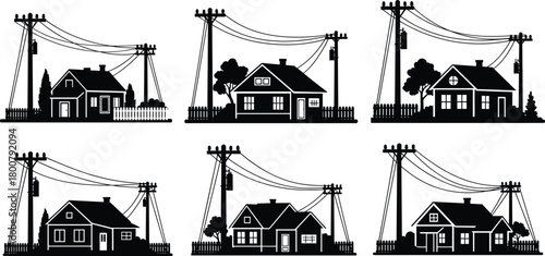 Residential houses silhouette vector illustration, utility poles with power lines, electrical distribution