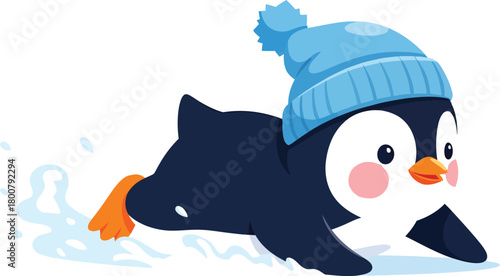 Happy Penguin in Winter Hat Sliding on Ice Cheerful Antarctic Animal