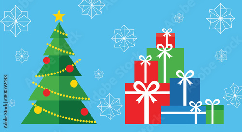 Festive Christmas Tree and Gift Stack Illustration on Blue Background.