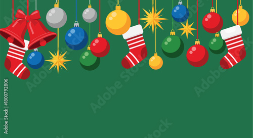 Festive Christmas Ornaments and Decorations Hanging on Green Background.