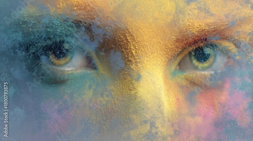 A person's face with colorful paint on it, set against a blurred background.