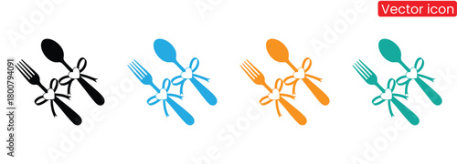 Fork, knife, spoon set icons.  Dinner service collection. Tableware set flat style. fork and knife for apps and websites.Elegant cutlery sets with ribbon and heart detail,
