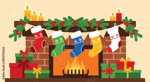 Festive Fireplace Scene with Stockings and Gifts for Christmas.