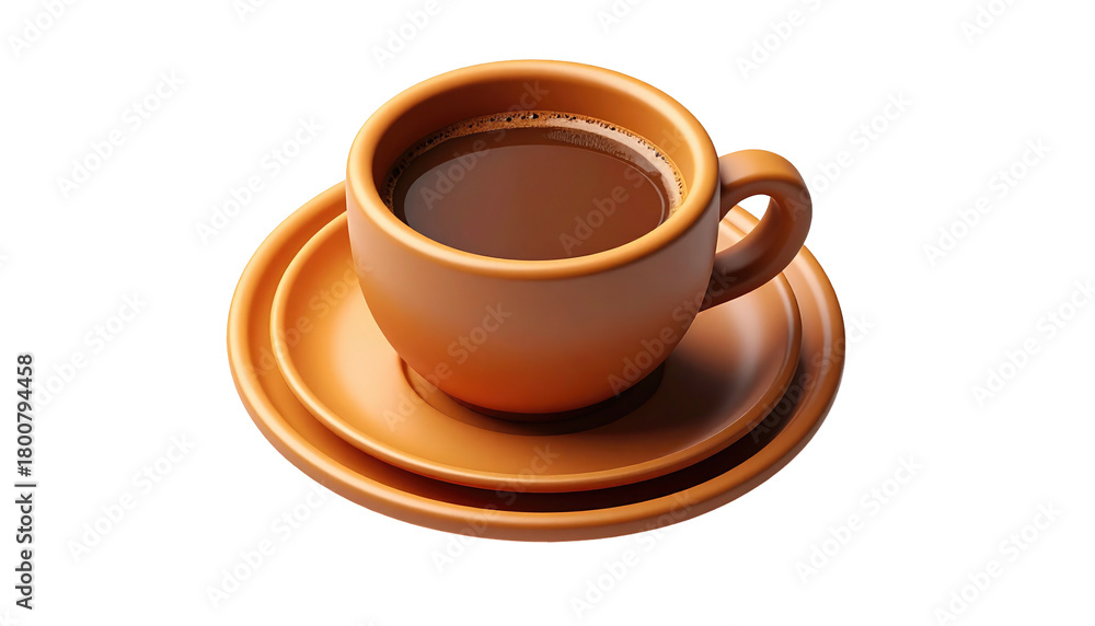 Obraz premium Brown cup of liquid with a plate below. Rendered smooth, with a black background