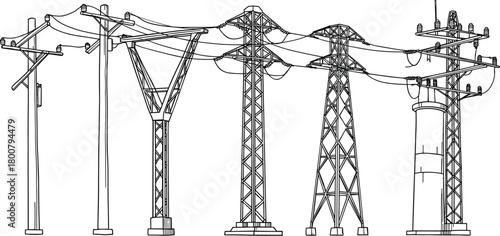 Transmission towers and utility poles silhouettes, vector illustration of electricity distribution infrastructure, diverse structural designs with insulators and crossarms, energy grid system elements