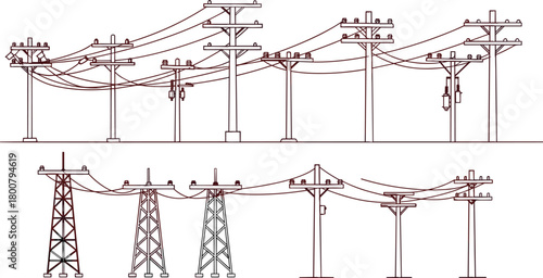 Transmission towers and utility poles silhouettes, vector illustration of electricity distribution infrastructure