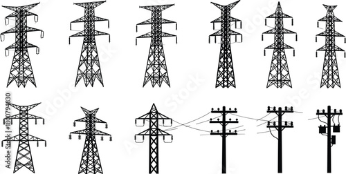 Transmission towers and utility poles silhouettes, vector illustration of electricity distribution infrastructure