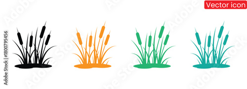cattail icon set silhouette ,Vibrant cattails in various hues for nature-inspired designs,Grass Silhouette icon Set collection.