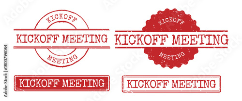 Set of red grunge rubber stamps with Kickoff Meeting text in various circular and rectangular shapes