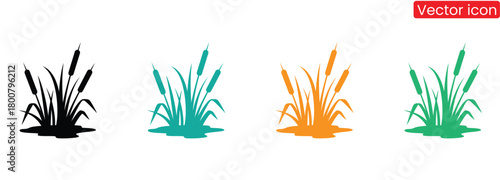 cattail icon set silhouette ,Vibrant cattails in various hues for nature-inspired designs,Grass Silhouette icon Set collection.