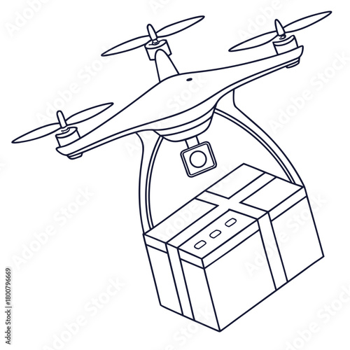Drone delivering package isolated on line art illustration