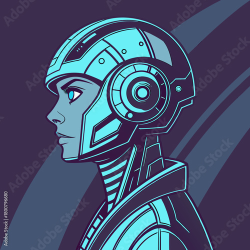 Cyborg woman with blue eyes, wearing futuristic helmet and armor, vector art