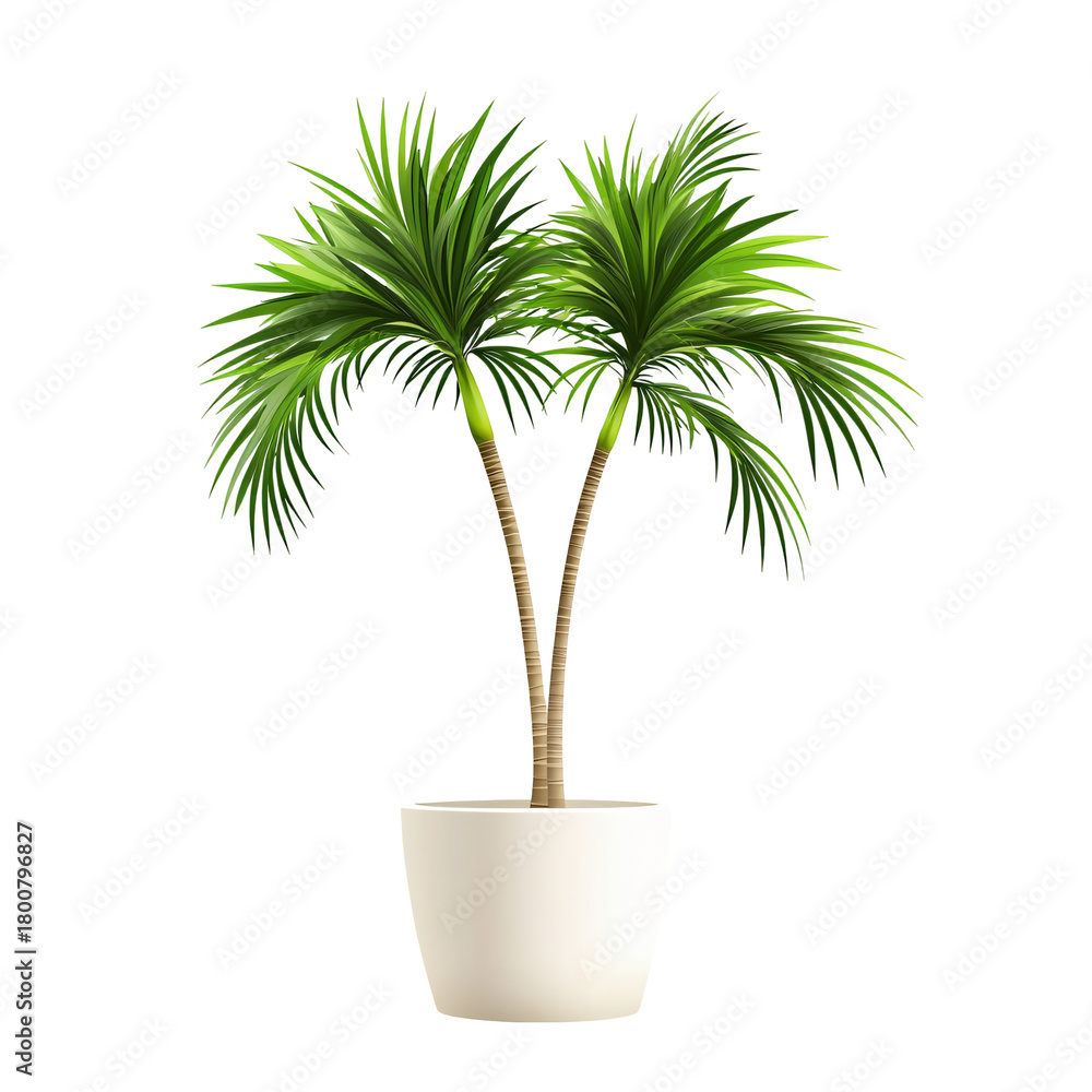Obraz premium Two Green Palm Trees in White Pot on Black Background