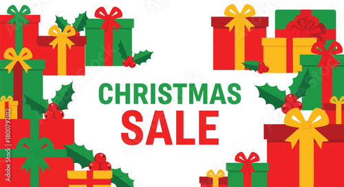 Christmas Sale with Gift Boxes and Holly Leaves Decoration.