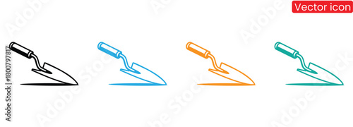 trowel vector icon. Black on white symbol,Modern trowel gardening tool icon set in black, blue, orange,Trowel and brick wall icon. Symbol of construction or building work. Vector Illustration