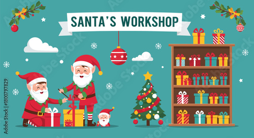 Santas Workshop Scene with Elves and Christmas Tree.