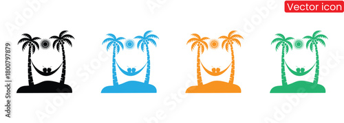 Palm Tree Icon Set ,Tropical getaway with palms and coconuts in hammock bliss,Tropical palm trees black silhouette collection. Summer vacation concept. Vector isolated on white