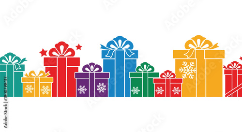 Colorful Array of Gift Boxes with Ribbons and Decorations.