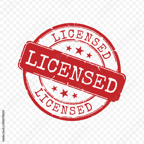 Grunge red circular rubber stamp with bold Licensed text and stars isolated on transparent background