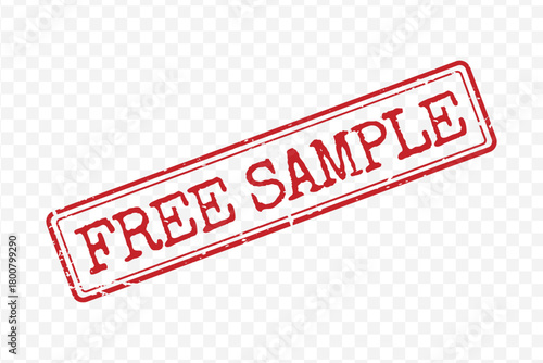 Distressed red rectangular stamp with Free Sample text and thin frame isolated on transparent background