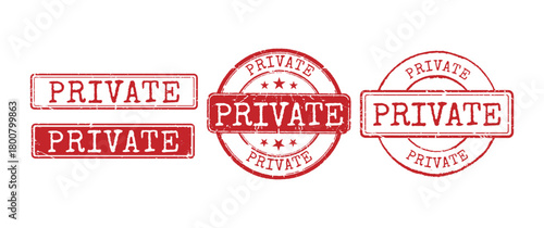 Set of red grunge rubber stamps with Private text in various circular and rectangular shapes