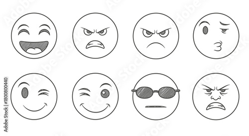Emoji Faces Outline Vector Set – Various Expressions Illustration