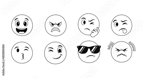 Emoji Faces Outline Vector Set – Various Expressions Illustration
