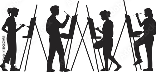 Artist silhouette illustration, people painting at easels, creative posture vector set, art class scene, black figure icons, studio activity design pack
