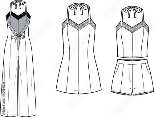 Halter neck fashion sketch, V-neckline design, color-blocked bodice, jumpsuit, dress, crop top and shorts, summer wear, stylish outfit, vector illustration, apparel concept