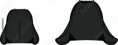 Drawstring bag sketch, small and large variation, gathered top, stitched detail, fashion accessory, storage pouch, vector illustration, functional design, stylish carry bag concept